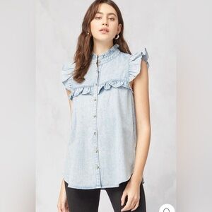 Entro Denim Acid Wash Ruffle Top Size Large